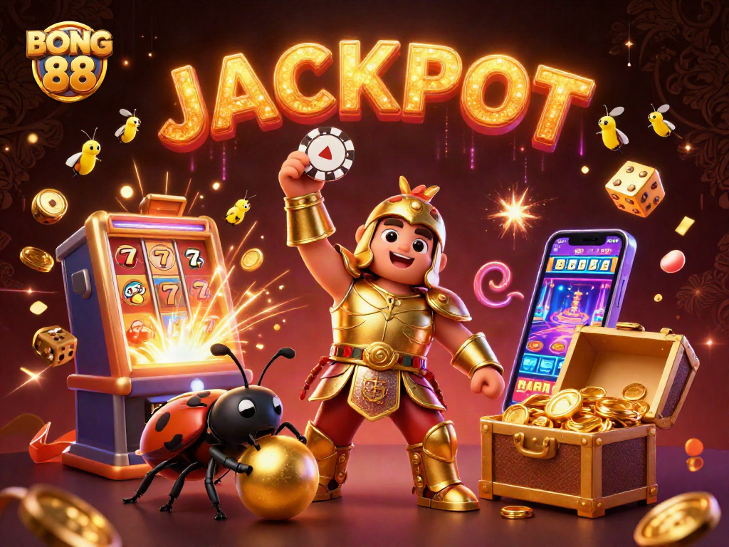 BONG 88 showcases an exciting 3D scene with a victorious beetle hero lifting a poker chip and vibrant casino elements.