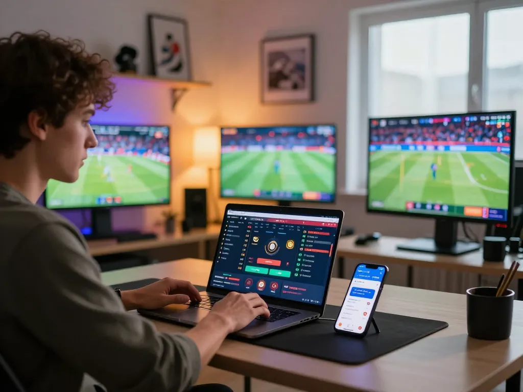 Giocatore impegnato che utilizza un laptop per scommettere online su siti scommesse non AAMS con eventi sportivi dal vivo visualizzati