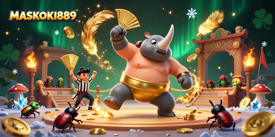 Engage with MASKOKI889 through an electrifying scene featuring a beetle sumo champion and dynamic casino elements.