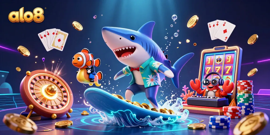 Experience the excitement of the ALO8 casino with a shark surfing on gold coins, showcasing vibrant gambling themes.