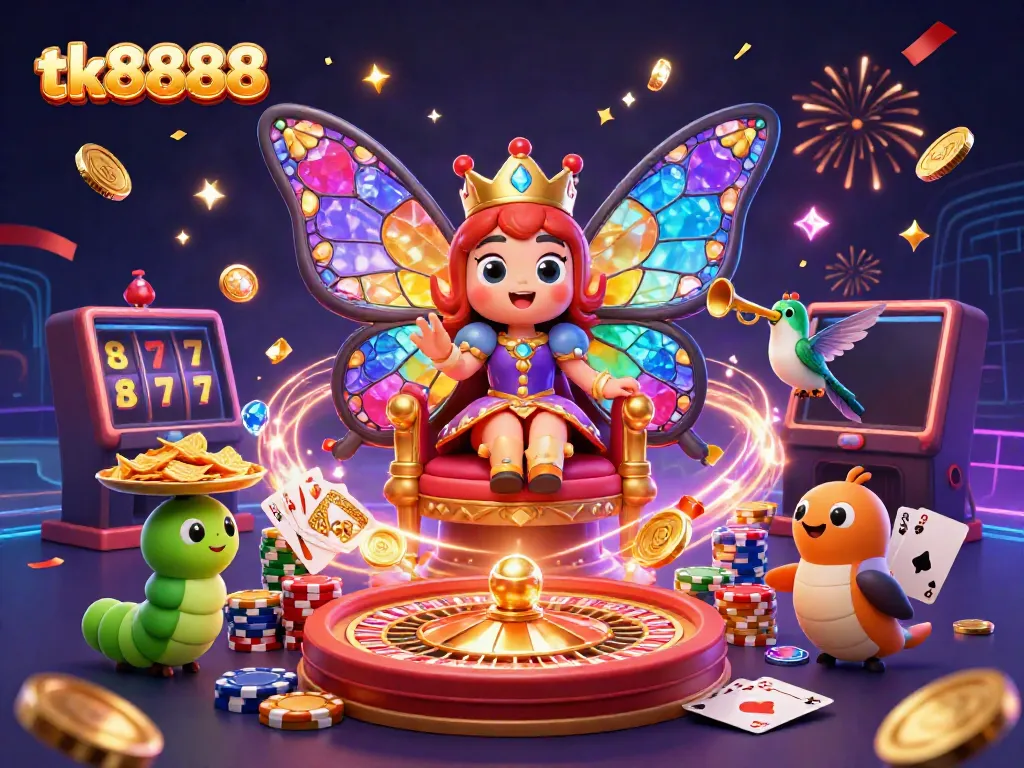 Experience the magic of tk8888 with a vibrant casino scene featuring a butterfly queen and dynamic gaming elements.
