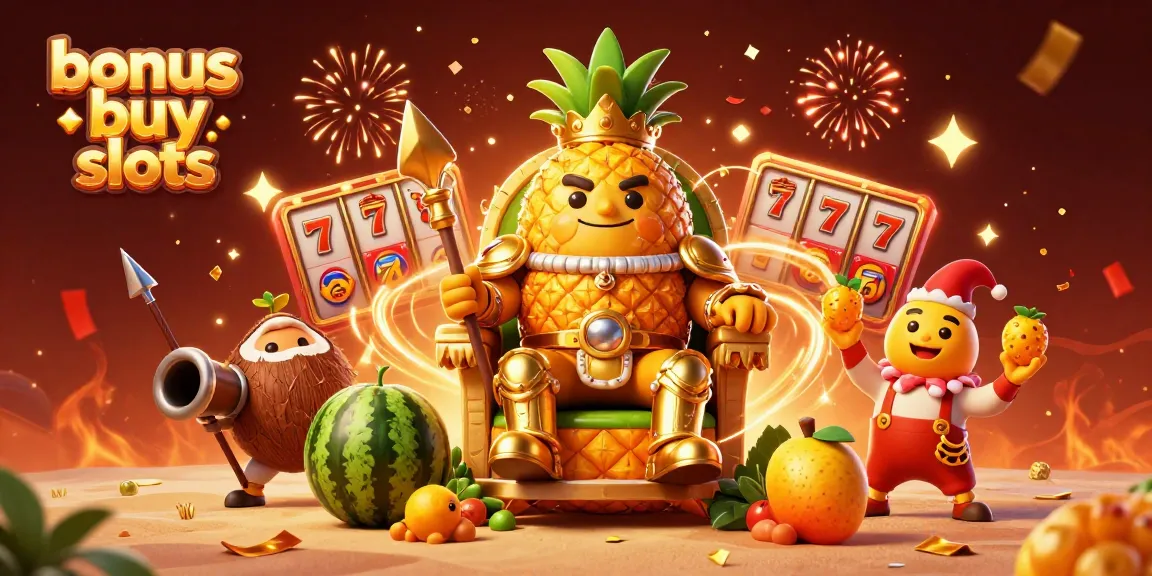 Experience thrilling bonus buy slots action with a golden pineapple king, magical elements, and a vibrant casino atmosphere.