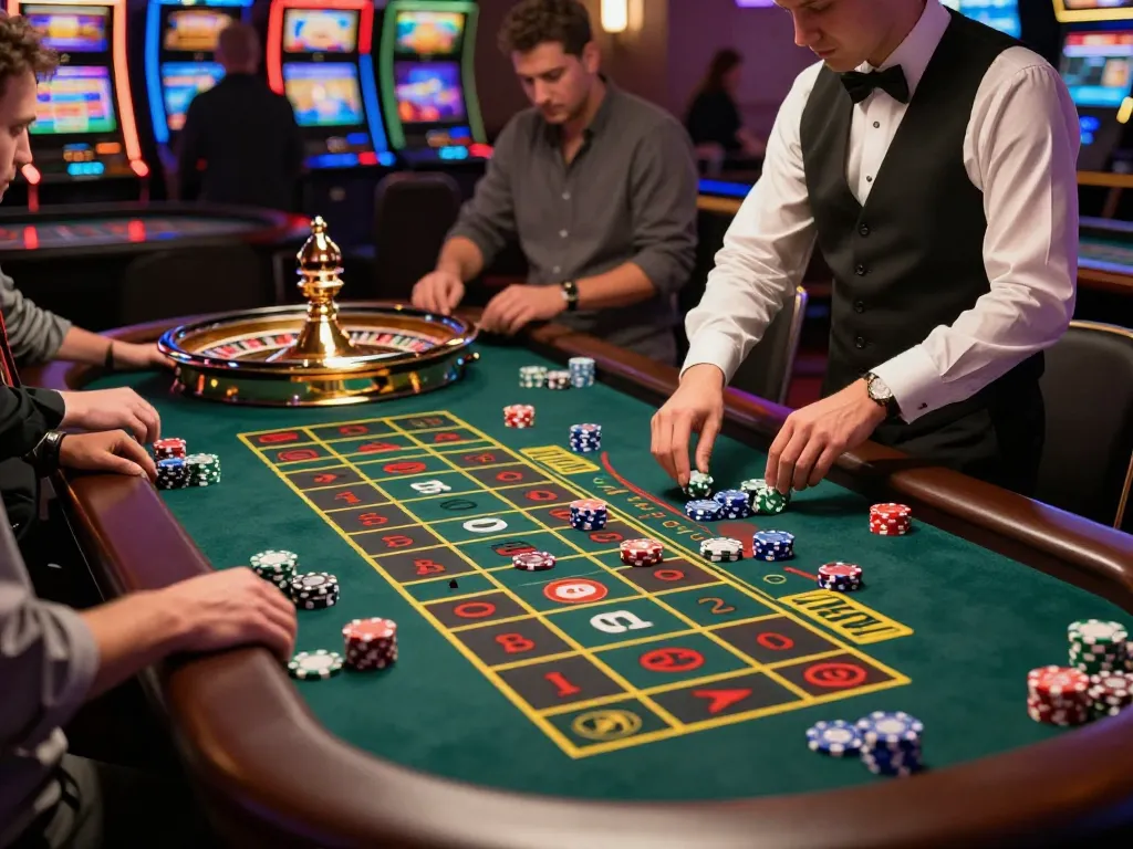 Players engaging at a roulette table throwing bets into the game of 5679.