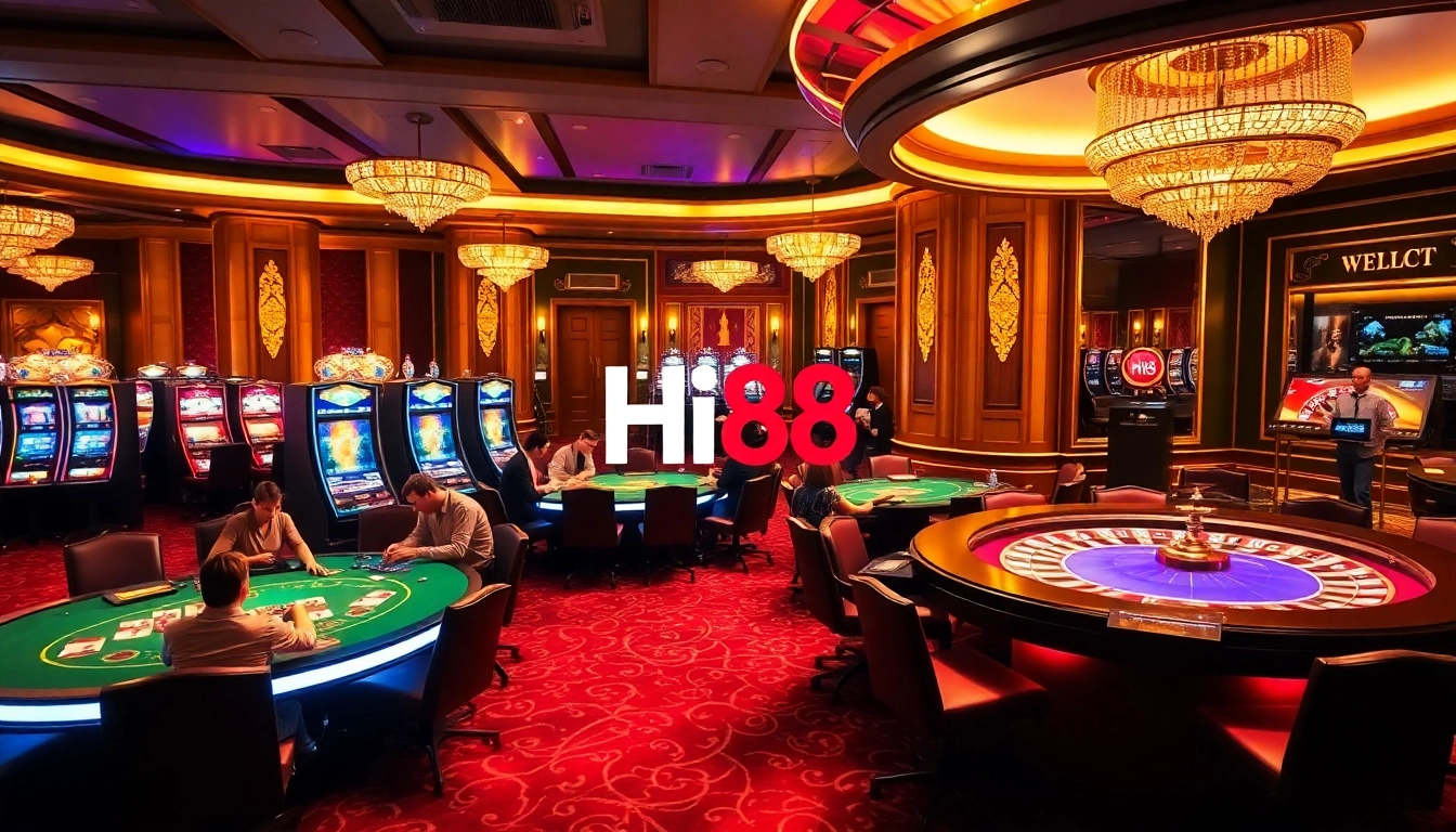 Hi88 players enjoying intense poker games at an upscale casino venue.
