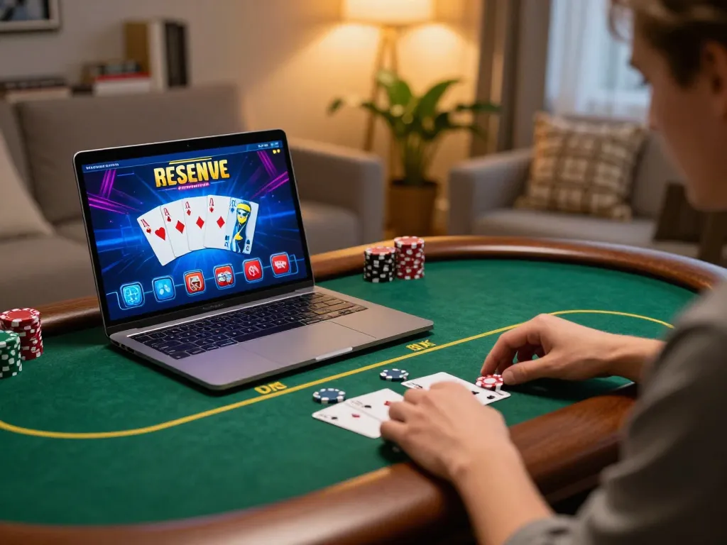 Engaging in strategic poker gameplay on kong88 papi online casino platform with laptop visuals.