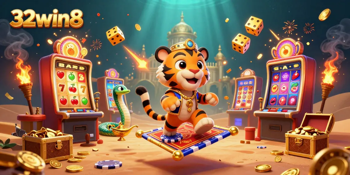 Experience thrill with 32win8 in this vibrant slot machine scene bursting with jackpots and adventure!
