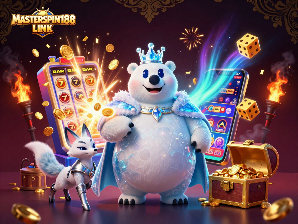 Join the excitement of MASTERSPIN188 LINK with a vibrant casino illustration showcasing slot action.
