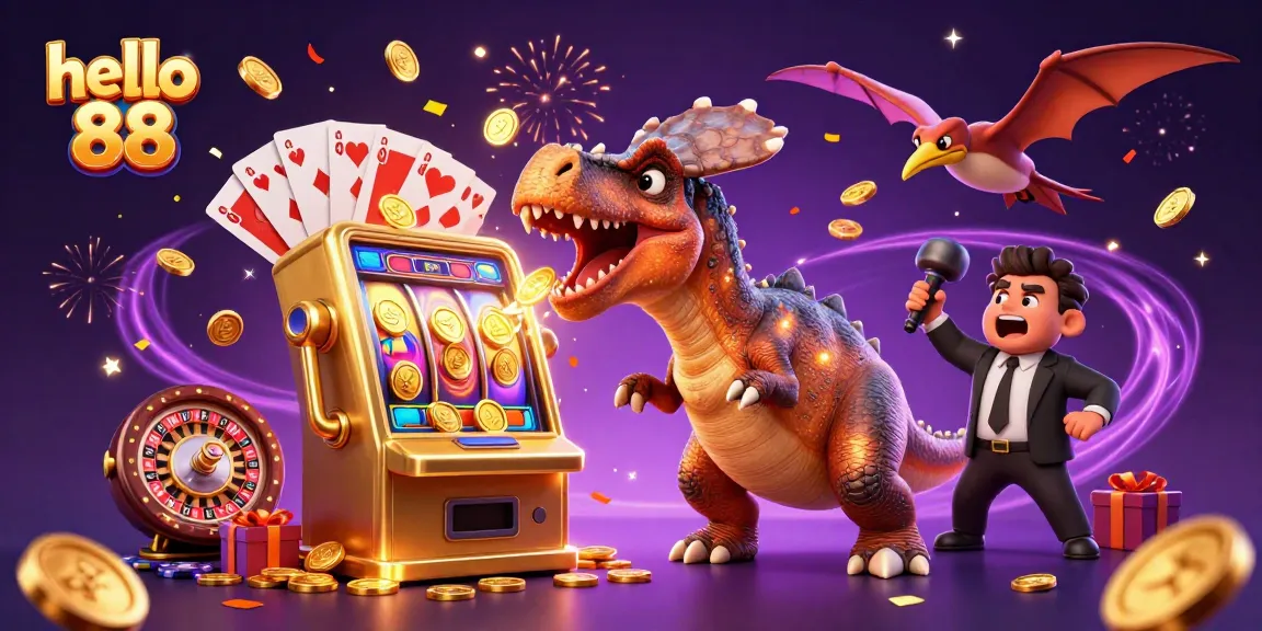Experience exciting wins at hello 88 as the dinosaur duo triggers jackpot coins from a golden slot machine.