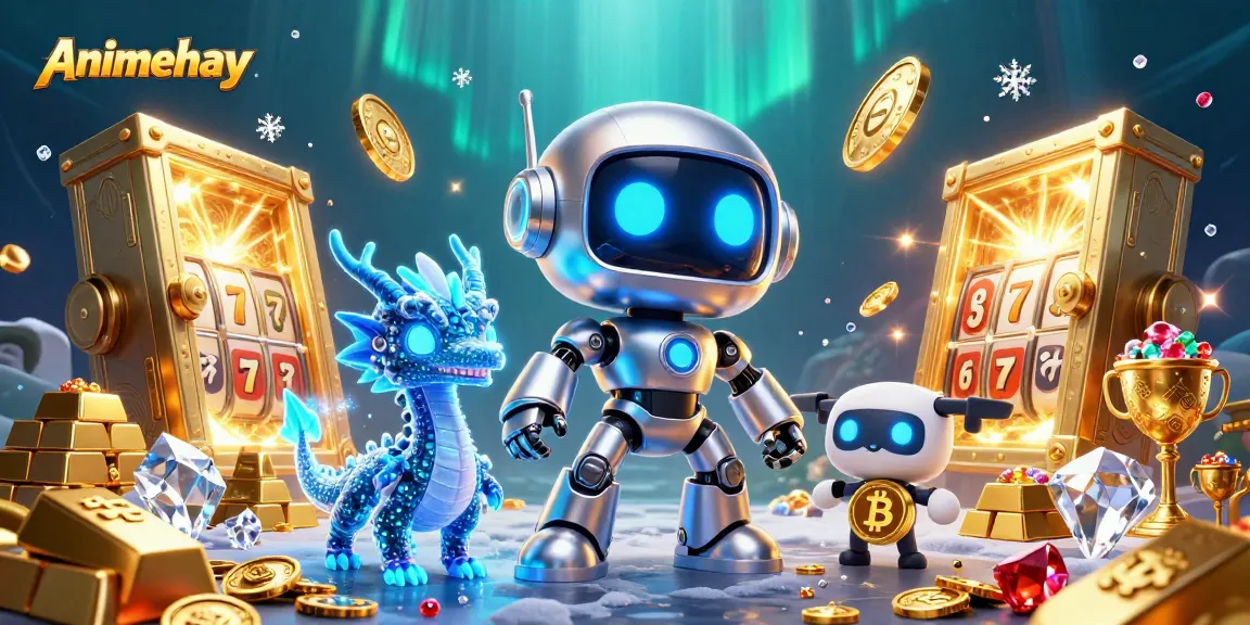 Engage with Animehay's thrilling slot game adventure featuring robotic characters amidst golden treasures.