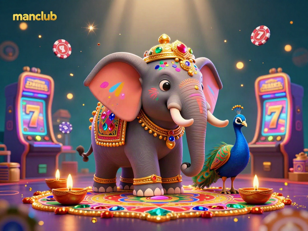 Engage with manclub's exciting casino adventure featuring a festive elephant and peacock amidst vibrant gambling elements.