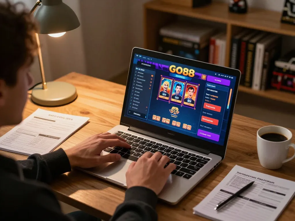 Engaged player exploring GO88 online casino on laptop while reviewing strategy notes and enjoying coffee.