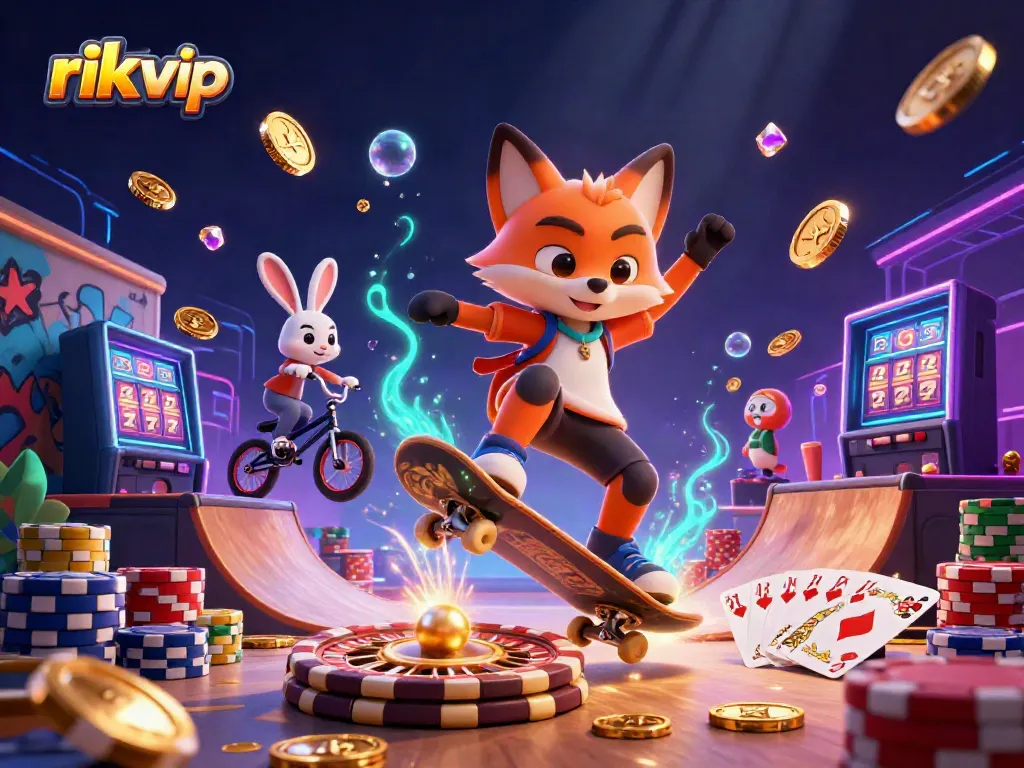 Experience excitement at rik vip with a dynamic 3D scene featuring a skateboarder fox and a BMX rabbit, surrounded by casino elements.