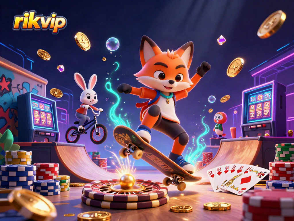 Experience excitement at rik vip with a dynamic 3D scene featuring a skateboarder fox and a BMX rabbit, surrounded by casino elements.