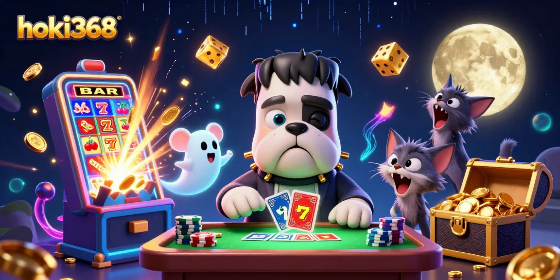 Exciting hoki368 casino scene with a Frankenstein bulldog dealing cards and a jackpot burst of coins.