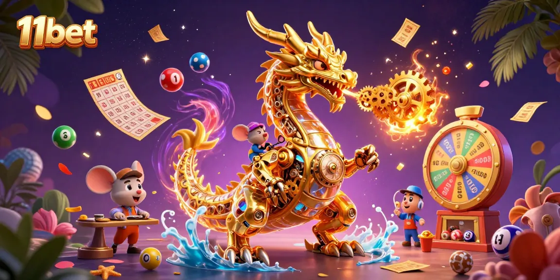 Experience dynamic gaming moments with 11bet's vibrant illustration of a dragon and gambling elements.