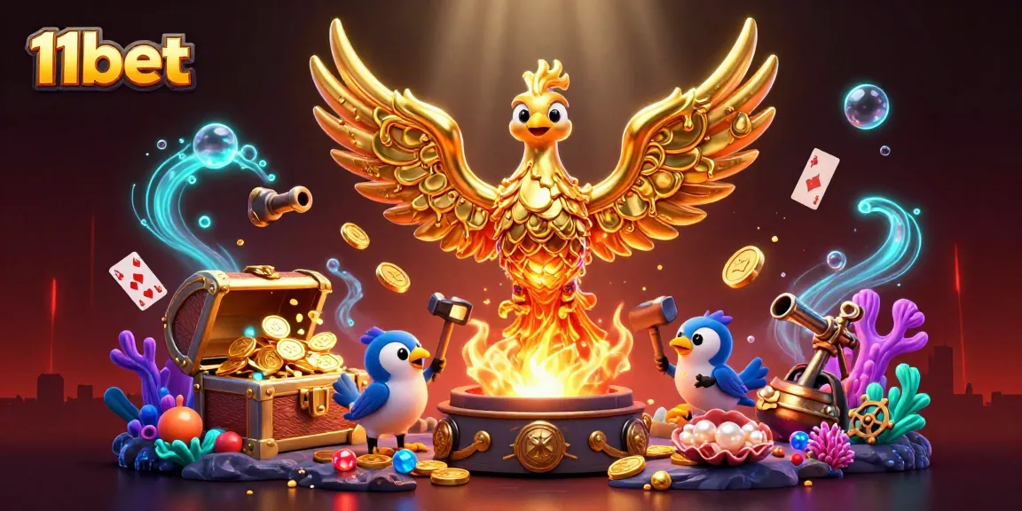 Experience thrilling gameplay with 11bet's vibrant golden phoenix and treasure-filled scene.
