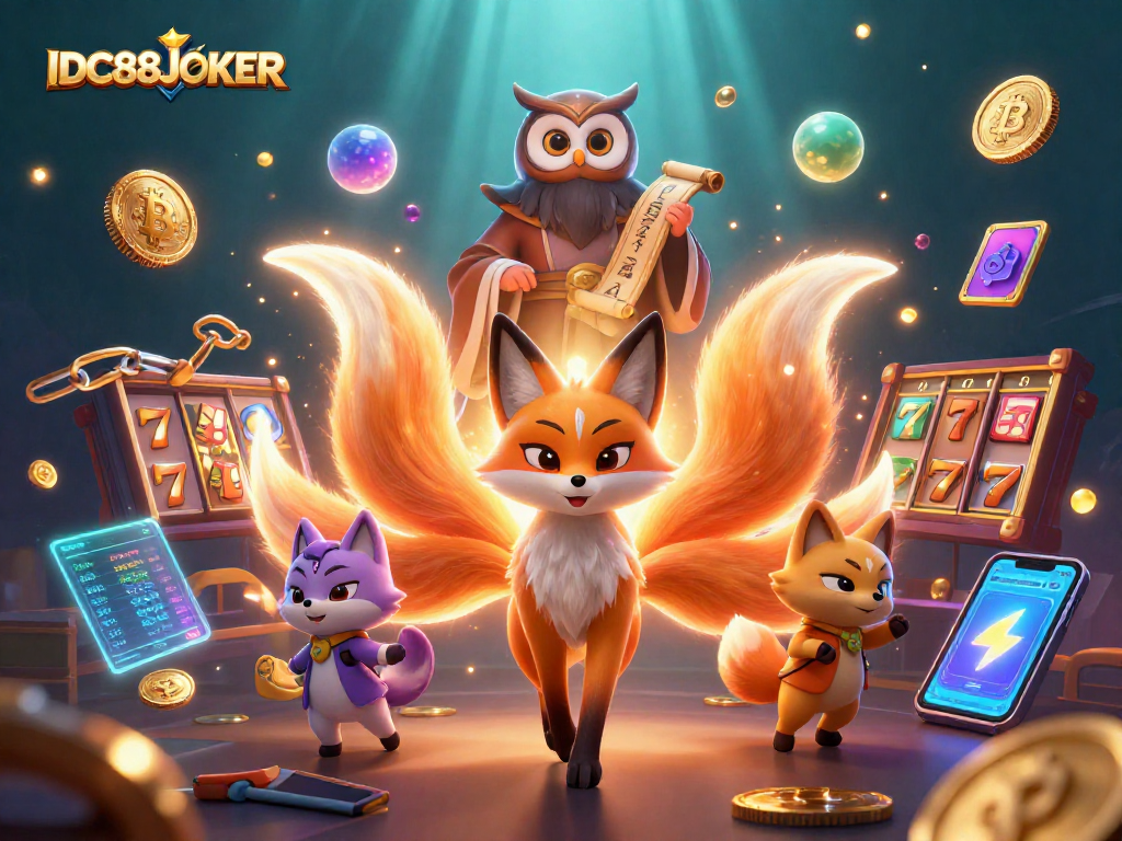 Experience the excitement of IDC88JOKER with a vibrant 3D illustration showcasing slot and crypto elements.