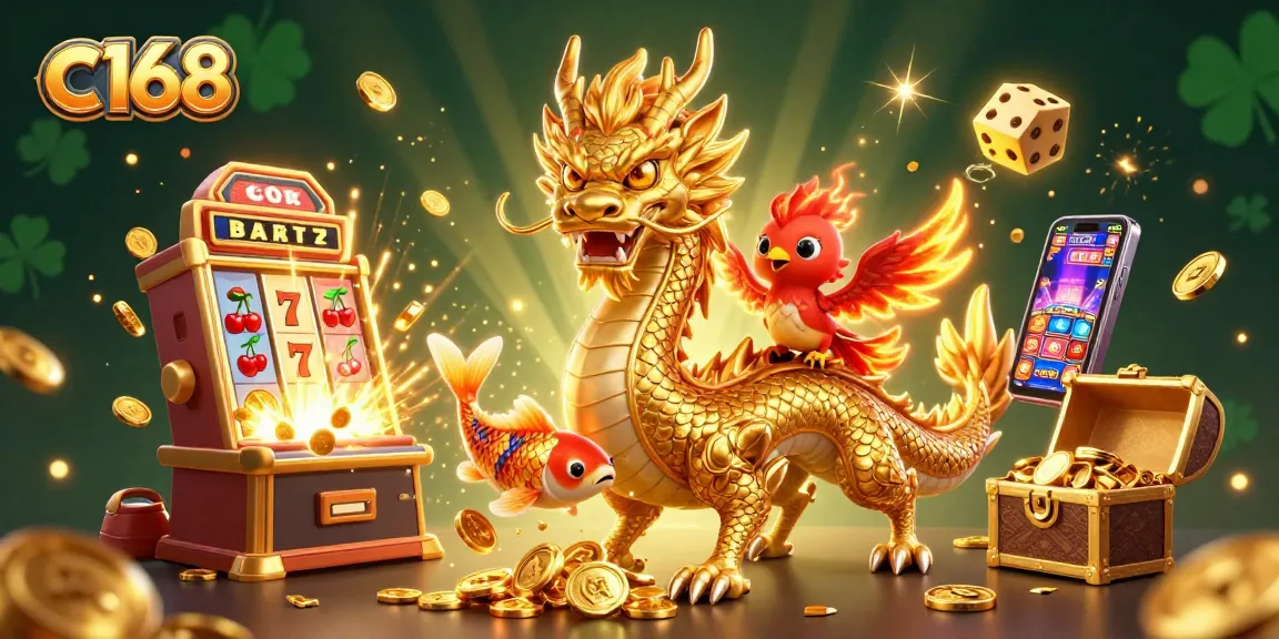 Spin to win with c168, featuring a golden dragon, coins, and vibrant casino elements in a dynamic 3D scene.