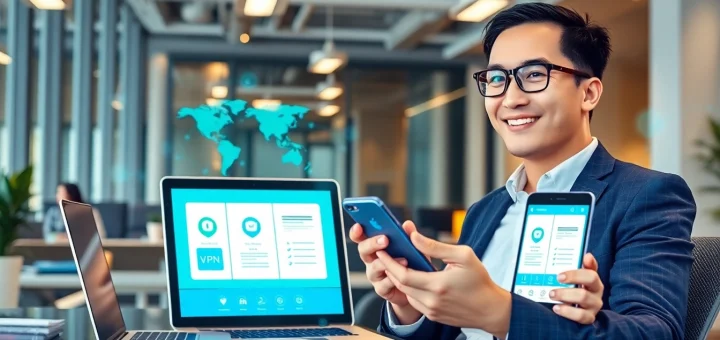 快连下载 showcased on multiple devices in a modern office, emphasizing global connectivity and user-friendly interface.