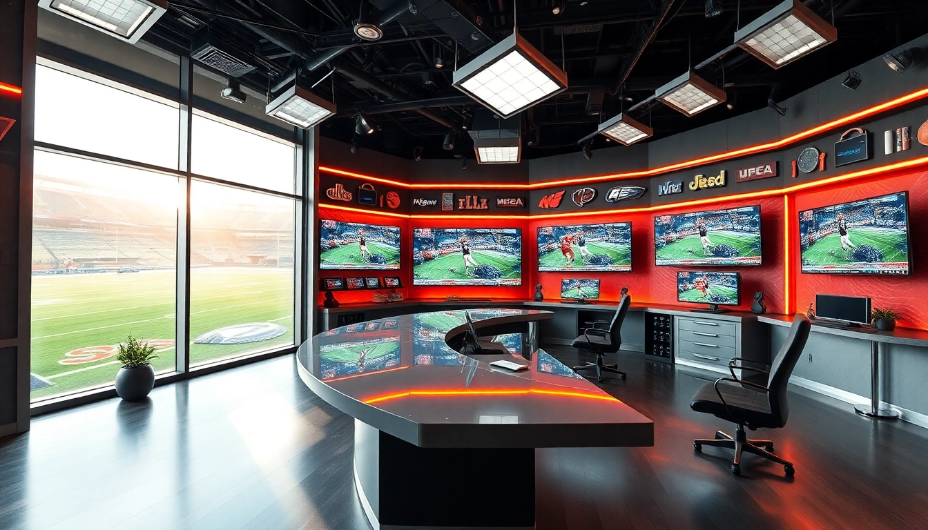 Engage in Sports Broadcasting with a vibrant studio setup featuring live event displays.
