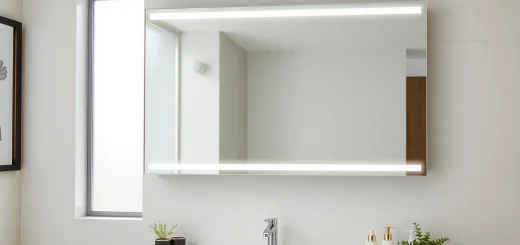 Admire this elegant bathroom mirror enhancing a stylish modern setting with integrated lighting.