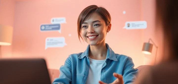 A joyful user interacting with their AI gf on a digital screen, showcasing companionship through vibrant colors and soft lighting.