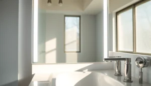 Enhance your space with a stunning mirror and LED lights in a well-designed bathroom.
