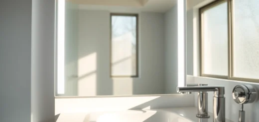 Enhance your space with a stunning mirror and LED lights in a well-designed bathroom.