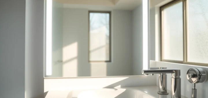 Enhance your space with a stunning mirror and LED lights in a well-designed bathroom.