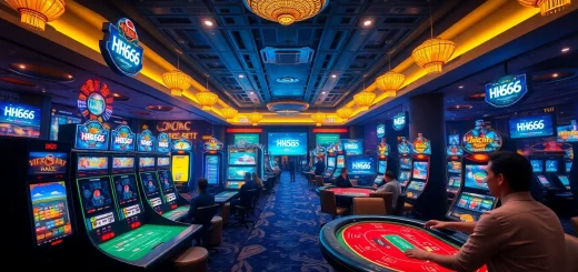Dynamic casino gaming atmosphere showcasing HH666 with live dealers and vibrant slot machines.
