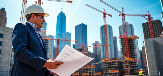 New York Construction Manager inspecting plans at a busy city site, demonstrating leadership amidst ongoing projects.