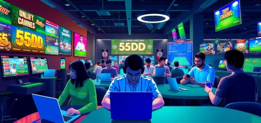 55DD online betting scene with diverse players enjoying slots, poker, and sports betting in a modern gaming environment.