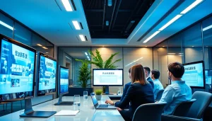 快连官网 displayed on multiple high-tech devices in a modern office setting, showcasing connectivity and professionalism.