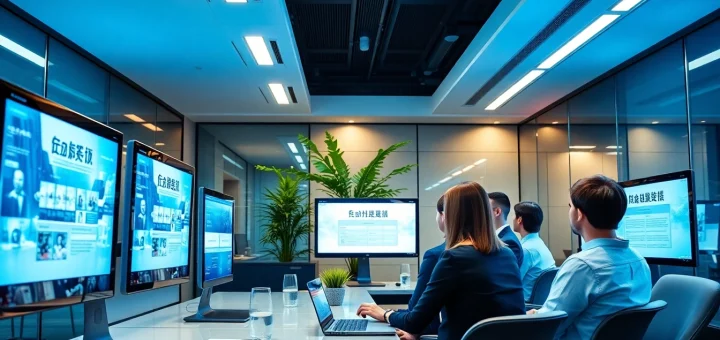 快连官网 displayed on multiple high-tech devices in a modern office setting, showcasing connectivity and professionalism.
