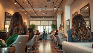Omnia Salon, a top-rated hair salon in San Diego, showcasing professional hairstylists at work with vibrant hair colors.