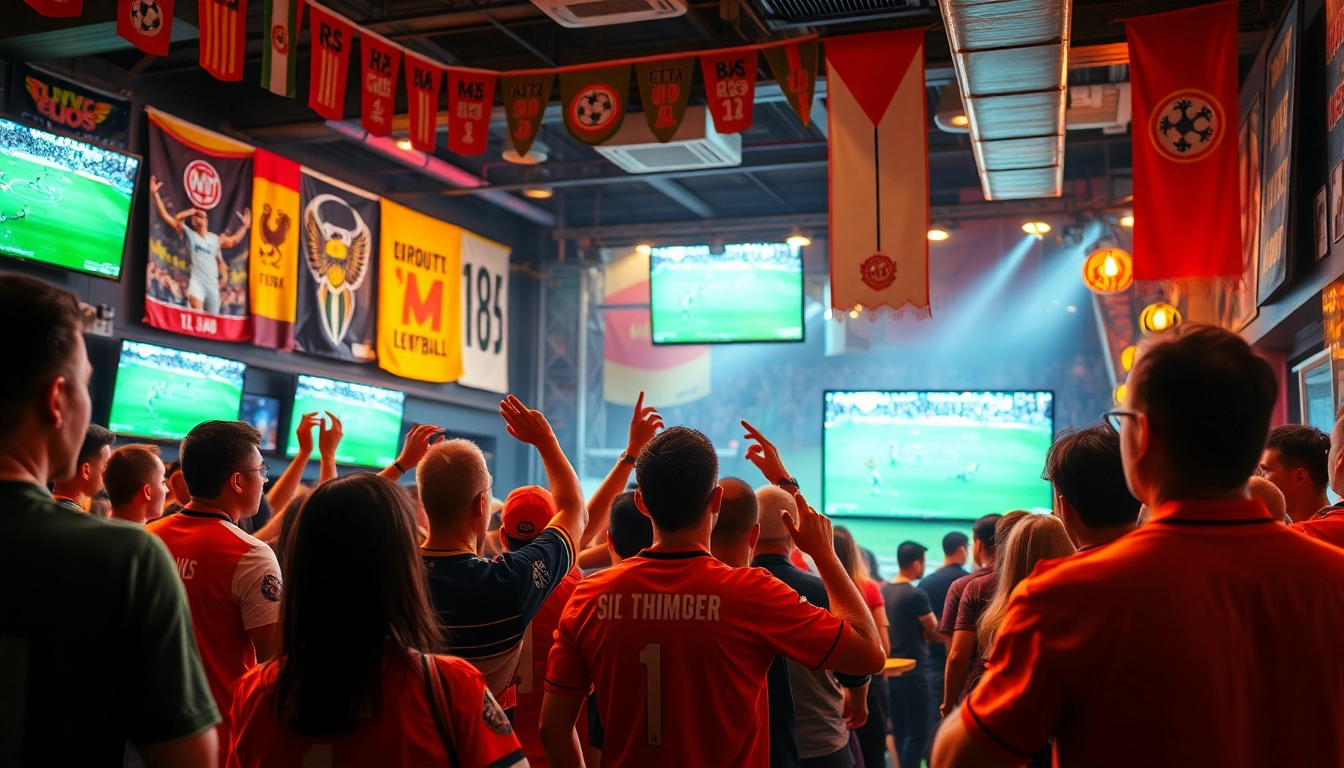 Lịch thi đấu bóng đá hôm nay mới nhất scene with passionate football fans cheering in a vibrant sports bar.