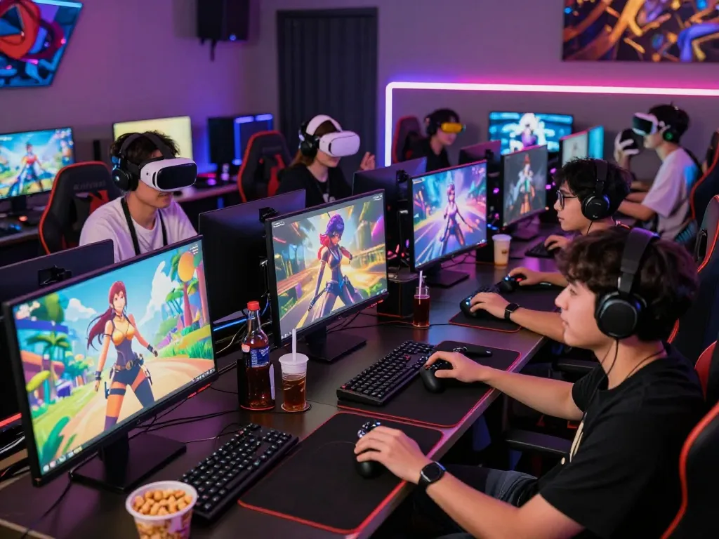 Engaged gamers enjoying hentai games in a colorful and vibrant gaming environment.
