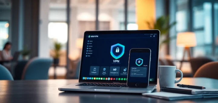 一台时尚的笔记本电脑和智能手机在现代工作区展示快连 VPN 界面。