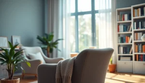 Helping individuals manage stress and anxiety in a serene therapy room.