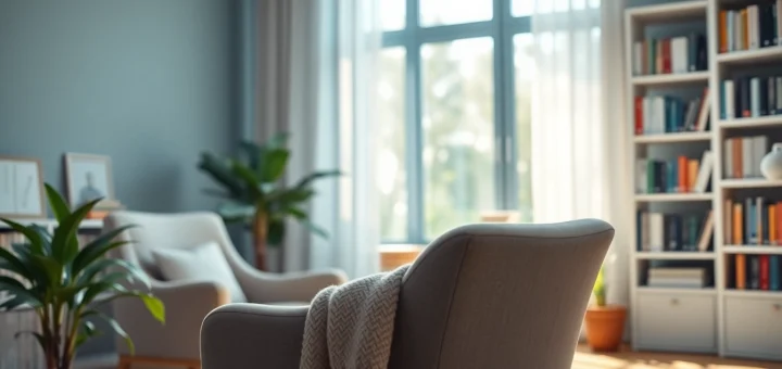 Helping individuals manage stress and anxiety in a serene therapy room.