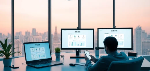 快连官网界面展示在现代办公室中，配有科技小工具和生动的灯光。