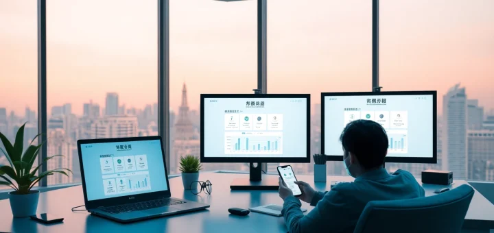 快连官网界面展示在现代办公室中，配有科技小工具和生动的灯光。