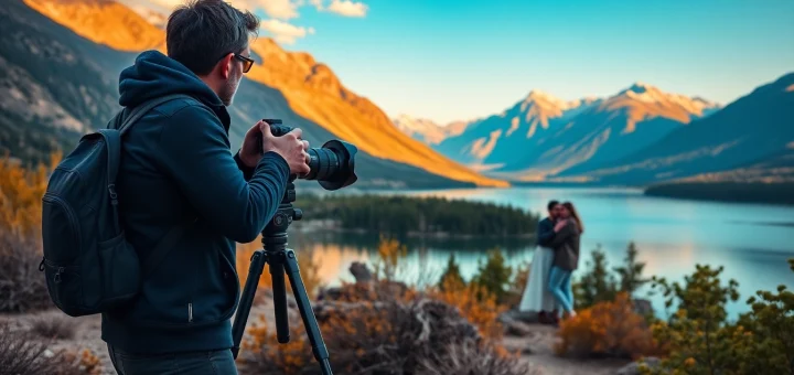 Destination photographer beautifully capturing a couple's moment against a stunning backdrop.