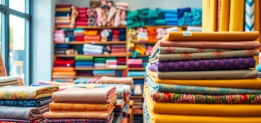 Kopen van stof per meter met een variëteit aan kleurrijke stoffen in een winkel.