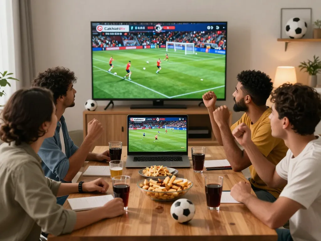 Fans enjoying live football streaming on Cakhiatv in a lively home setting.