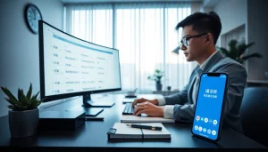 Professional using 有道翻译 on a modern workspace with technology.