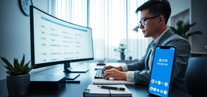 Professional using 有道翻译 on a modern workspace with technology.