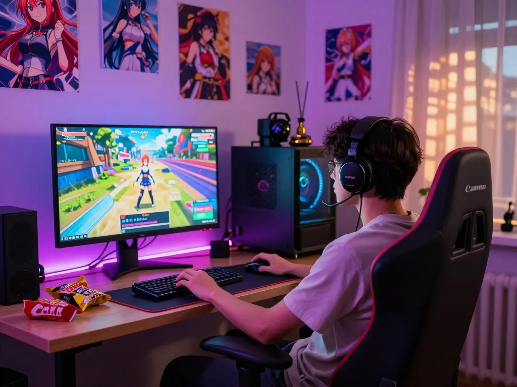 Engaged player enjoying a hentai game in a vibrant gaming setup