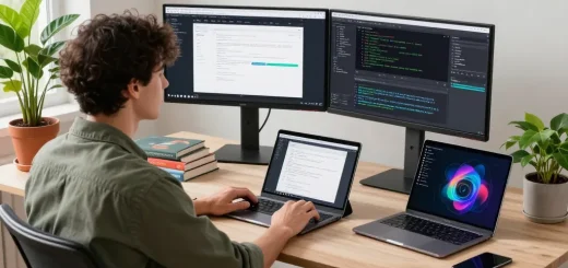 开发者在现代工作空间中使用谷歌浏览器进行编码，展示多个显示器和动态的科技环境。