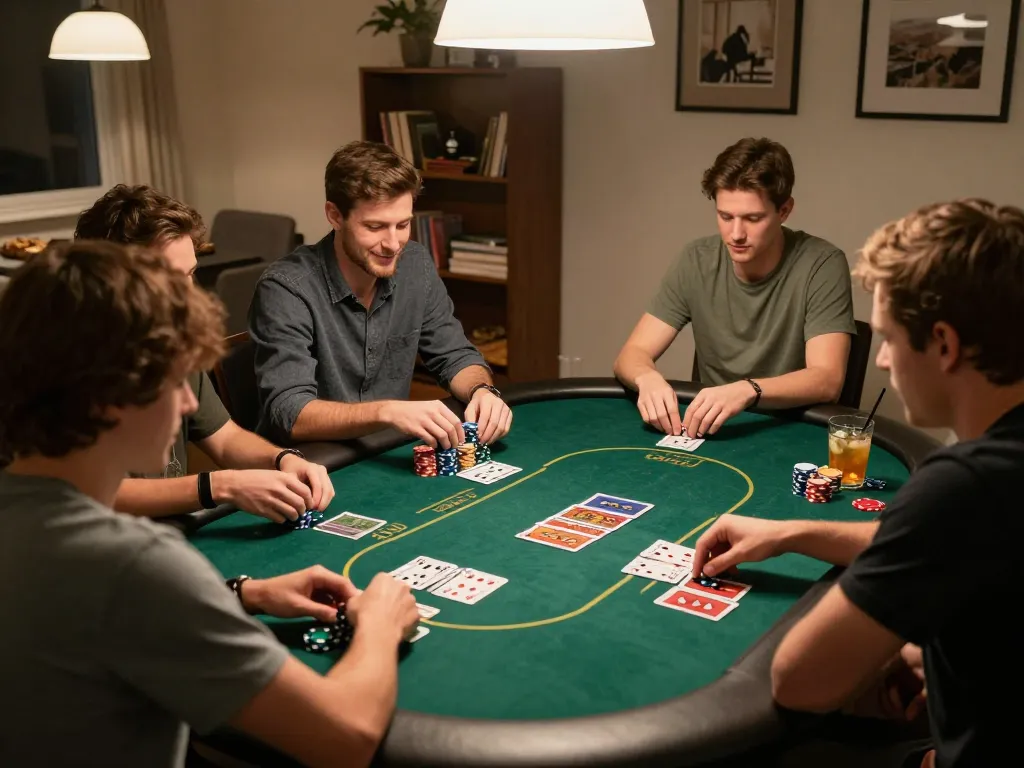 Friends enjoying a dynamic poker game at home, featuring five 88 themed night among strategists.